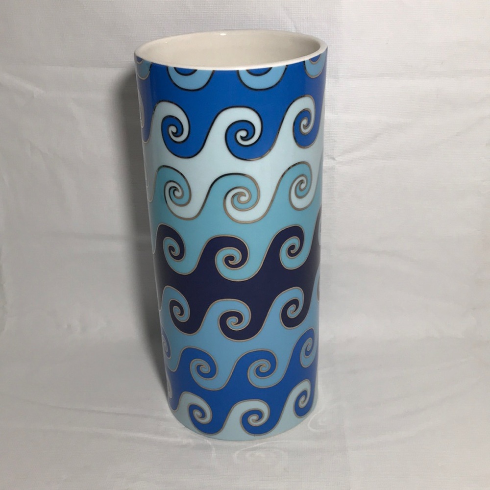 Jonathan Adler Carnaby Blue Wave Vase Flower Vase Ceramic Blue with Gold Accent